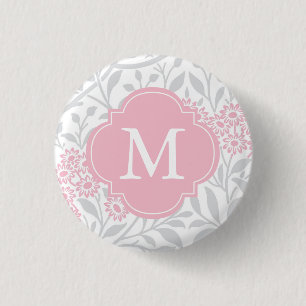 Monogrammed Grey Pink Floral Damask Pattern 3 Cm Round Badge