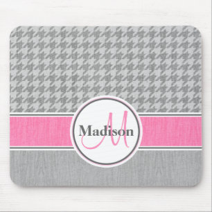 Monogrammed Grey Pink Houndstooth Mouse Pad