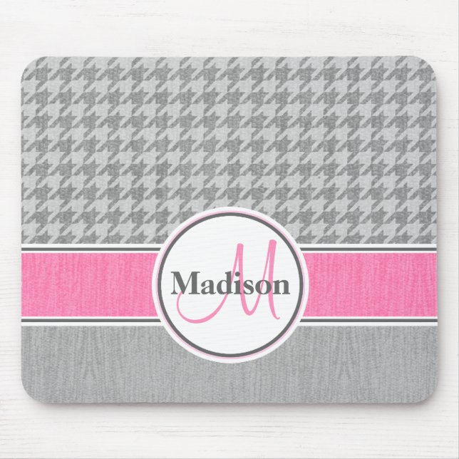 Monogrammed Grey Pink Houndstooth Mouse Pad (Front)