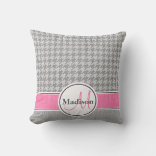 Monogrammed Grey Pink Houndstooth Pattern Cushion