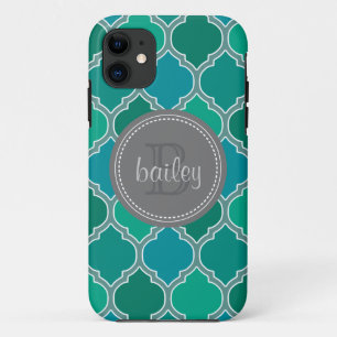 Monogrammed Grey Teal Modern Lattice Pattern iPhone 11 Case