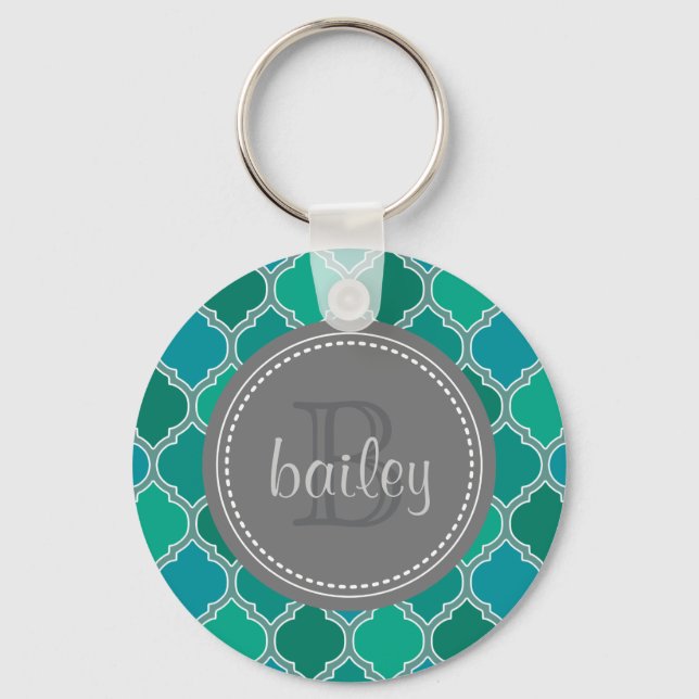 Monogrammed Grey Teal Modern Lattice Pattern Key Ring (Front)