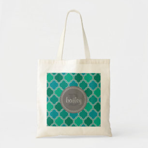 Monogrammed Grey Teal Modern Lattice Pattern Tote Bag