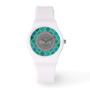 Monogrammed Grey Teal Modern Lattice Pattern Watch