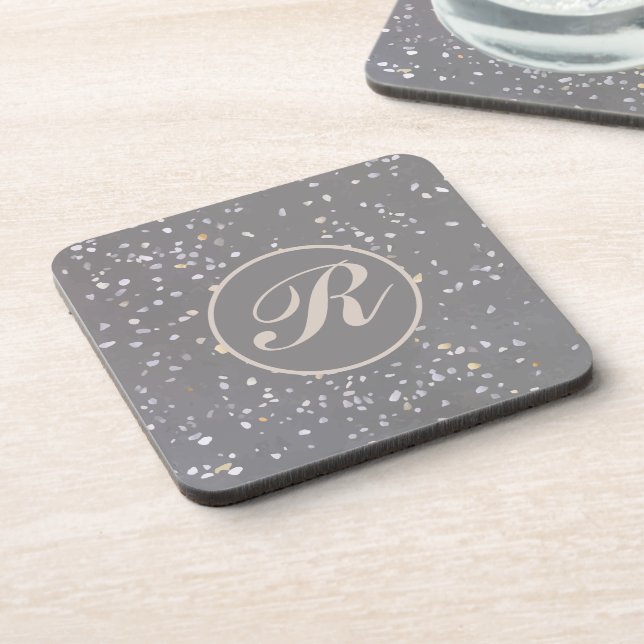 Monogrammed Grey Terrazzo Stone Coaster (Left Side)
