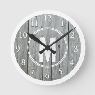 Monogrammed Grey White Distressed Wood Round Clock