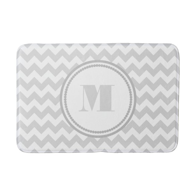 Monogrammed Grey White Striped Chevron Pattern Bath Mat (Front)