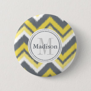Monogrammed Grey Yellow Ikat Chevron Pattern 6 Cm Round Badge