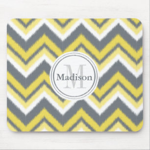 Monogrammed Grey Yellow Ikat Chevron Pattern Mouse Pad