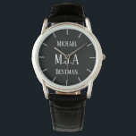 Monogrammed Groomsman Bestman Father Groom Bride Watch<br><div class="desc">This watch has 3 text fields allows you to add up to three initials for a monogram,  a title (bestman,  groomsman,  ringbearer usher father of the bride or groom) and a date of the wedding or other text as desired. Keep the words short to ensure they fit the space.</div>