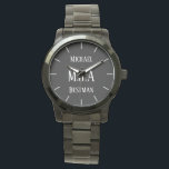 Monogrammed Groomsman Bestman Father Groom Bride Watch<br><div class="desc">This watch has 3 text fields allows you to add up to three initials for a monogram, a title (bestman, groomsman, ringbearer usher father of the bride or groom) and a date of the wedding or other text as desired. Keep the words short to ensure they fit the space.</div>