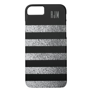 Monogrammed grunge SILVER Stripes Black Background iPhone 8/7 Case