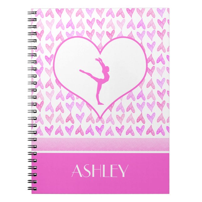 Monogrammed Gymnastics Pink Watercolor Hearts Notebook (Front)