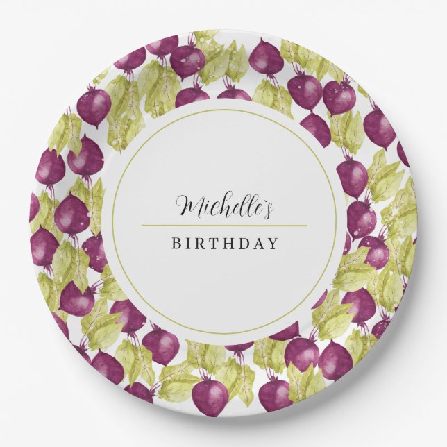 Monogrammed Hand-painted Beetroot Watercolor Art Paper Plate (Front)