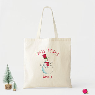 Monogrammed Happy Holidays Christmas Snowman Tote Bag