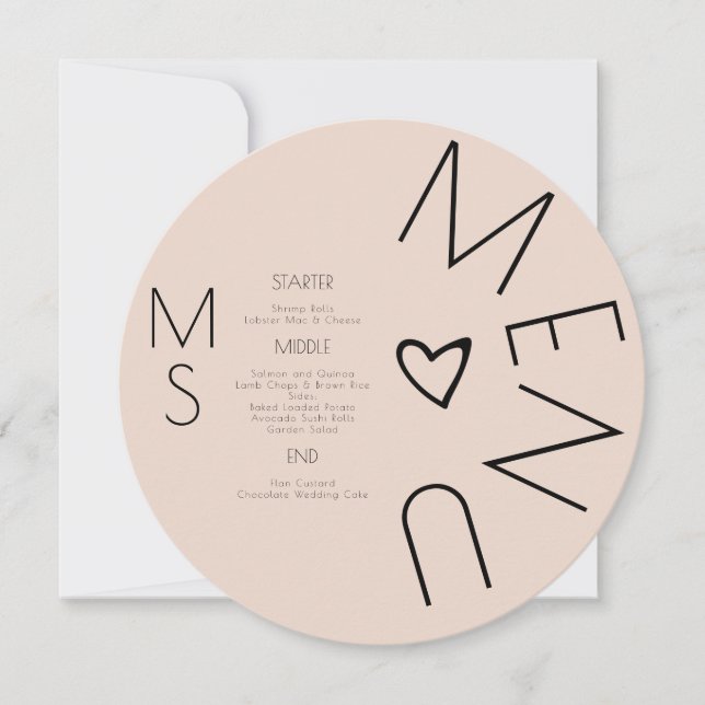 Monogrammed  Heart Wedding Circular Menu (Front)