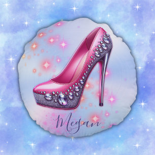 Monogrammed High Heel in Glitter Pink on Blue   Round Cushion
