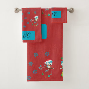 Monogrammed Holiday Christmas Owls on Red Bath Towel Set
