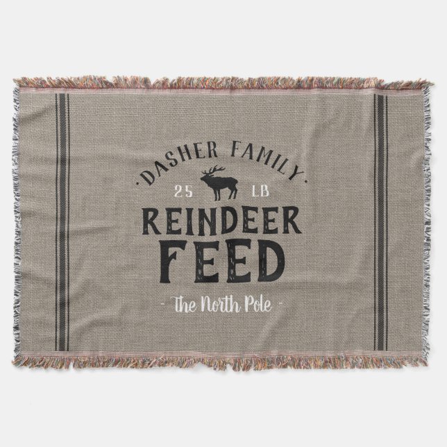 Monogrammed Holiday Reindeer Feed Grain Sack Throw Blanket (Front)