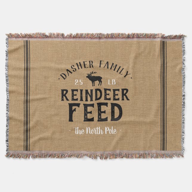 Monogrammed Holiday Reindeer Feed Grain Sack Throw Blanket (Front)