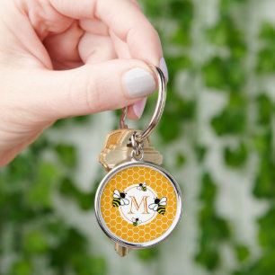 Monogrammed Honeycomb Pattern with Bees Key Ring
