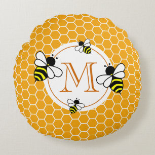 Monogrammed Honeycomb Pattern with Bees Round Cushion