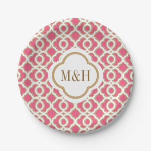 Monogrammed Hot Pink and Gold Moroccan Wedding Paper Plate