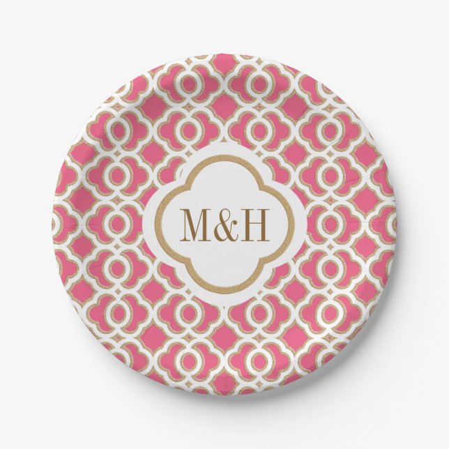 Monogrammed Hot Pink and Gold Moroccan Wedding Paper Plate (Front)