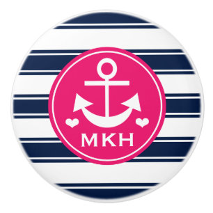 Monogrammed Hot Pink and Navy Anchor Ceramic Knob