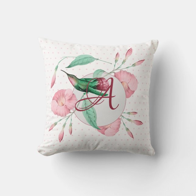 Monogrammed Hummingbird Pink Mint Floral DECOR Cushion (Front)