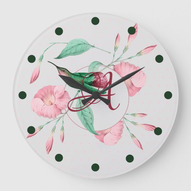 Monogrammed Hummingbird Pink Mint Floral DECOR Large Clock (Front)