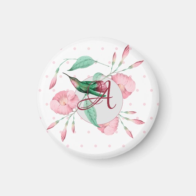 Monogrammed Hummingbird Pink Mint Floral DECOR Magnet (Front)