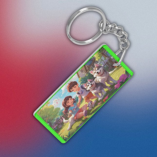 Monogrammed Husky Dogs having fun with kids | Key Ring (Creator Uploaded)