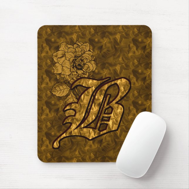 Monogrammed Initial B Gold Peony Mousepad (With Mouse)