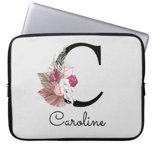 Monogrammed Initial C Pink Boho Girly Floral Laptop Sleeve