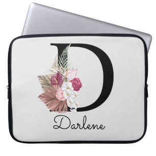 Monogrammed Initial D Modern Pink Boho Floral Laptop Sleeve