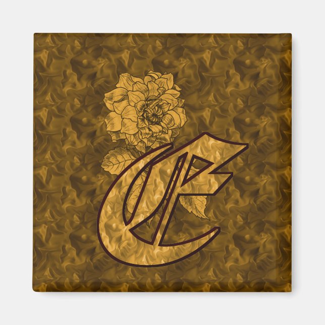 Monogrammed Initial E Gold Peony Magnet (Front)