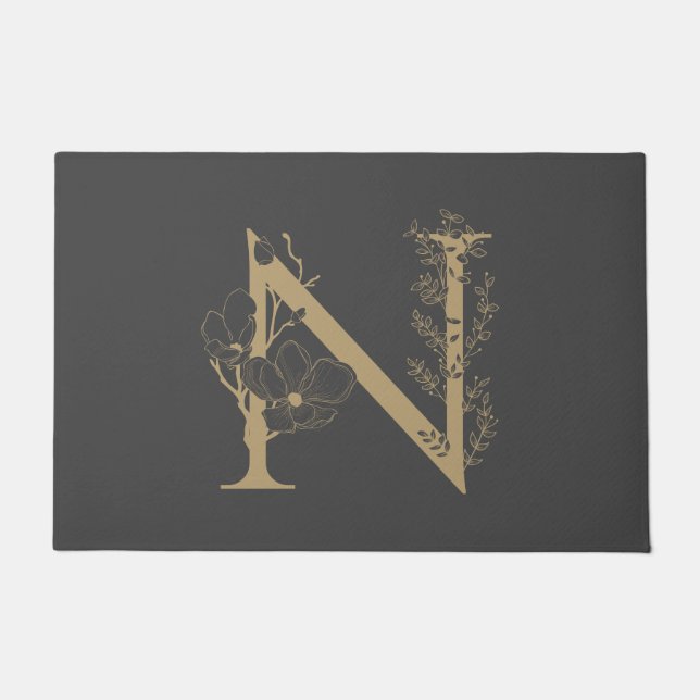 Monogrammed Initial Elegant Floral Gold Black "N" Doormat (Front)