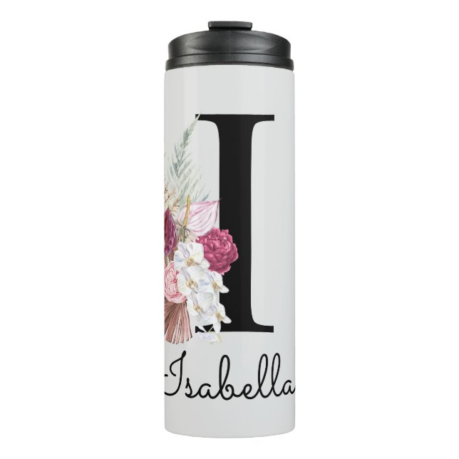 Monogrammed Initial I Pink Boho Girly Floral Thermal Tumbler (Front)