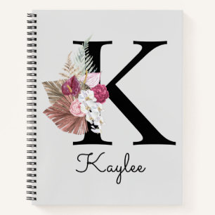 Monogrammed Initial K Pink Boho Floral Notebook