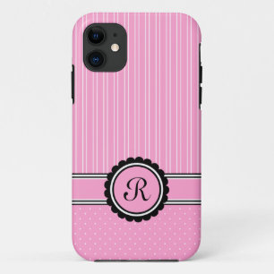 Monogrammed Initial Pink Stripes Polka Dots iPhone 11 Case