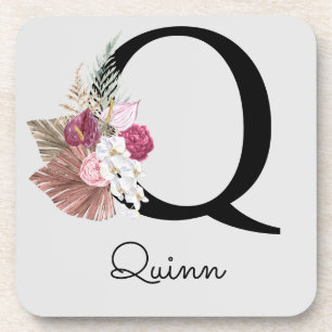 Monogrammed Initial Q Pink Boho Floral Coaster