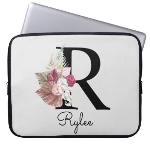 Monogrammed Initial R Pink Boho Girly Floral Laptop Sleeve