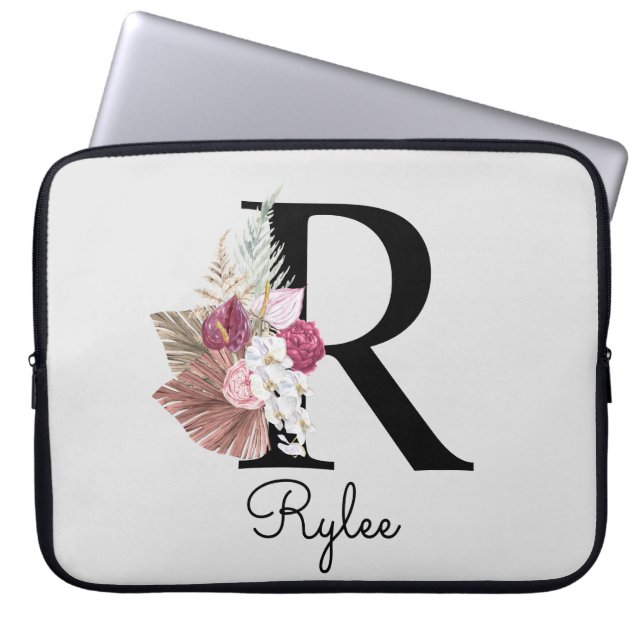 Monogrammed Initial R Pink Boho Girly Floral Laptop Sleeve (Front)