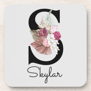 Monogrammed Initial S Pink Boho Floral Coaster