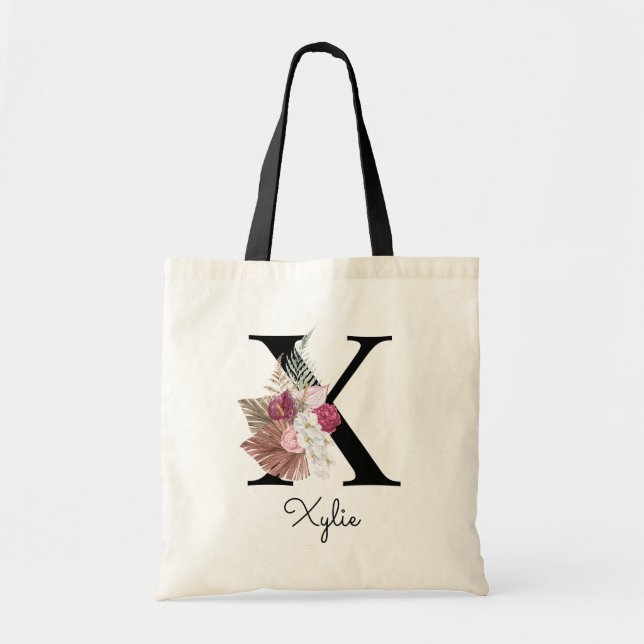 Monogrammed Initial S Pink Boho Floral Tote Bag (Front)
