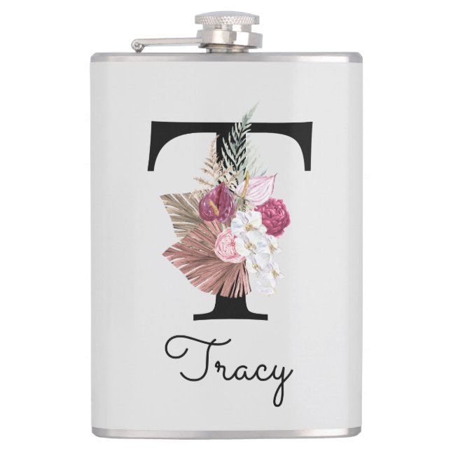 Monogrammed Initial T Pink Boho Girly Floral Hip Flask (Front)