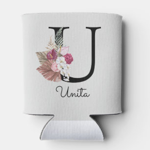 Monogrammed Initial U Pink Boho Girly Floral Can Cooler