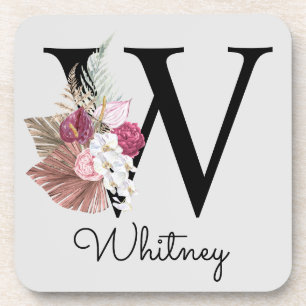 Monogrammed Initial W Pink Boho Floral Coaster