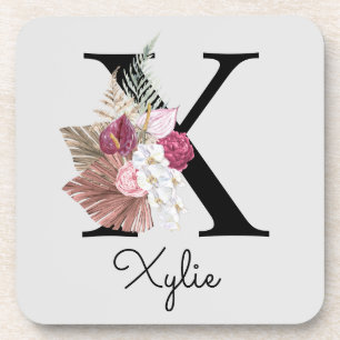 Monogrammed Initial X Pink Boho Floral Coaster